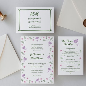 Hand Drawn Wedding Invitation Set Template, Floral Wedding Invite Suite, Unique Illustrated Wedding Invite, Colorful Fun Rustic