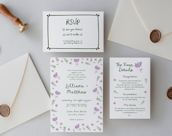 Floral Wedding Invitation Set: Hand-Drawn Rustic Invite (Digital Download)