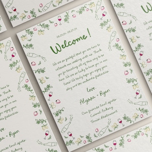 Lettre de bienvenue de mariage + modèle d'itinéraire, note de sac de bienvenue de mariage, chronologie de mariage italien, événements de week-end de mariage dessinés à la main