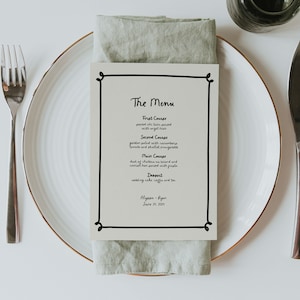 Einfache handgeschriebene Hochzeitsmenü-Vorlage, minimalistische Gekritzel-Illustration, handgezeichnetes Probe-Abendmenü, bearbeitbares Hochzeitstischmenü