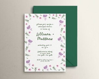 May include: A white wedding invitation with a floral border. The invitation reads "Please join us for a rehearsal dinner in honor of Lilliana + Matthew, Saturday, June 21 at 1 p.m., Fisherman's Wharf, 23 Main Road, New York, New York. RSVP to Lillian by June 1 at 630-998-1555."