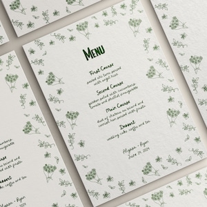 Hochzeit Menü Vorlage | Handgezeichnete Greenery Menükarte | Skurriles Hochzeits-Menü | Botanische Karte für das Hochzeitsmenu | Illustrierte florale Skizzen