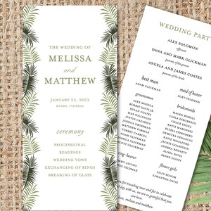 May include: Two-page wedding program with a tropical leaf border. The left page lists the wedding details: names, date, and ceremony order. The right page lists the wedding party, including the officiant, parents, best man, and bridesmaids.