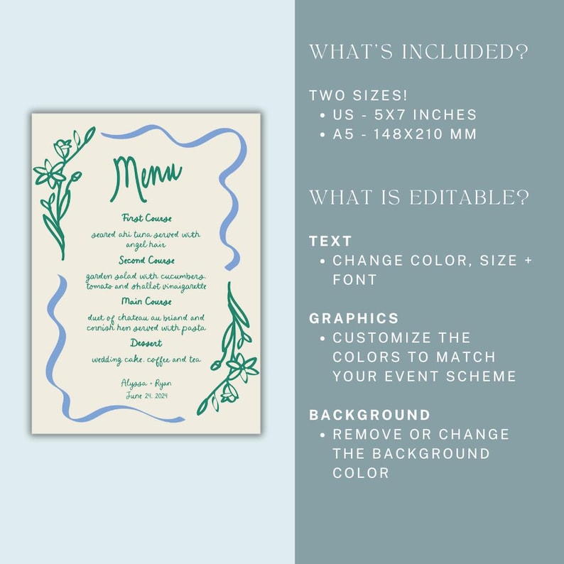 Menu First Course Layout Floral Wedding Menu Template: Hand-drawn Wavy Design (digital Download ...
