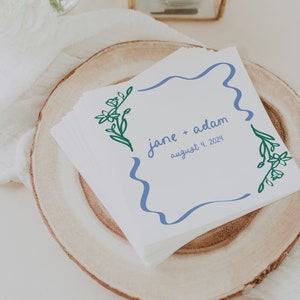 Plantilla de servilleta de boda caprichosa / Servilleta de boda colorida ondulada / Doodle de boceto divertido dibujado a mano / Servilleta personalizada #8341