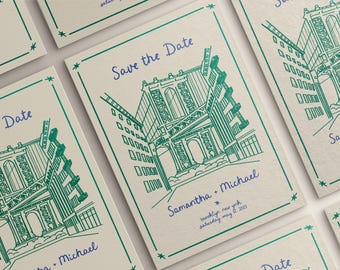 May include: Save the Date cards with a green illustration of the Brooklyn Bridge and the text "Samantha + Michael" and "Brooklyn, New York, Saturday May 2, 2025".