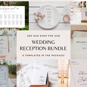 May include: A collage of eight wedding reception templates, including a seating chart, welcome sign, table numbers, and a custom sign. The templates are in a minimalist style with black text on a white background.