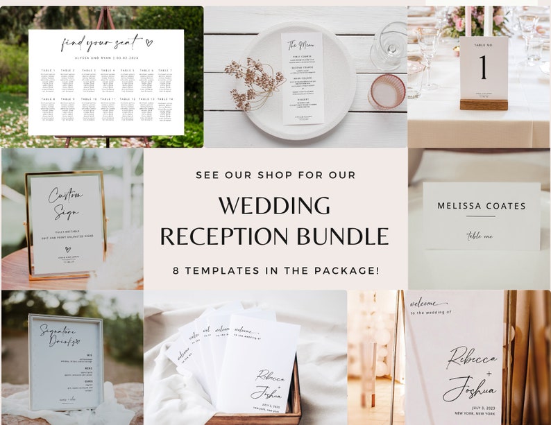 May include: A collage of eight wedding reception templates, including a seating chart, welcome sign, table numbers, and a custom sign. The templates are in a minimalist style with black text on a white background.