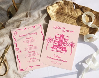 Miami Bachelorette Party Itinerary Template | South Beach Bachelorette Weekend Timeline | Illustrated Bach Party Invitation + Planner