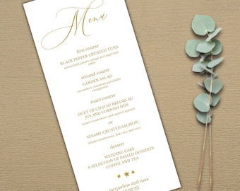 Gold Calligraphy Wedding Menu with Stars, Formal Script Printable Wedding Menu, Customizable Menu Card