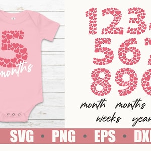 Pakiet Baby Milestone SVG, Cricut, sylwetka, łatwy w użyciu, serca, liczby, miesiące, tygodnie, lata, pobieranie cyfrowe