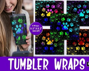 Bright Multicolored Dog Paw Tumbler Wrap - Colorful Dog Paw Print Sublimation Design - 20 oz Skinny Tumbler - PNG - Digital Download - Gift