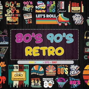 Op de afbeelding: Een digitale collage van retro-ontwerpen uit de jaren 80 en 90. De ontwerpen bevatten cassettebandjes, rol schaatsen, zonnebrillen en tekst die zegt "Terug naar de jaren 80", "80's 90's Retro", "Old School", "Hip-Hop", "Sunshine State of Mind", "Product van de jaren 80" en "Dit is mijn 80's-kostuum".