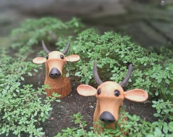 Miniature Wooden Cow Sculpture | Handmade Cow Head Decor | Rustic Farmhouse Wood Animal Figurine | Ceylon Jack Wood | Artisan Gift