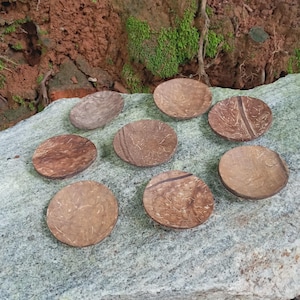 May include: A collection of handcrafted, small, brown coconut shell bowls. The bowls are round and oval-shaped, with natural wood grain patterns. They are arranged on a gray stone surface, with a natural background of brick and moss.