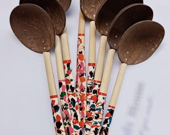 10 "Kokosnussschalenlöffel | Handgemachter Holzlöffel | Umweltfreundliches rustikales Küchenutensil | Natürlicher Kochlöffel Geschenk | Lackwarenlöffel
