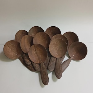 May include: A collection of handcrafted coconut shell spoons. The spoons have round bowls and dark brown wooden handles. The spoons are arranged in a cluster, showcasing their natural textures and tones. Ideal for kitchen use.