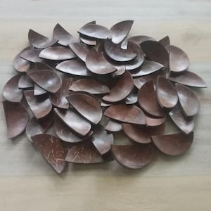 May include: A collection of numerous, dark brown, semi-circular coconut shell pieces. The pieces are arranged in a pile, showcasing their natural wood grain and curved shape. The shells have a smooth, polished appearance.