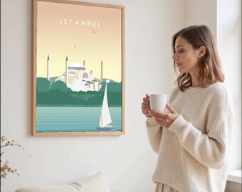 Póster de viaje de Estambul, impresión artística del paisaje urbano de Turquía