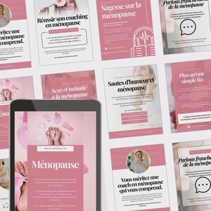 Peut inclure: Plusieurs cartes d'information roses et blanches et un écran de tablette. Les cartes présentent du texte en français sur la ménopause, notamment sur le coaching, l'intimité et les sautes d'humeur. La tablette affiche une page web rose et blanche avec le mot "Ménopause".