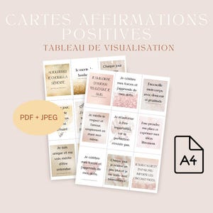 Puede incluir: Un conjunto de tarjetas de afirmación imprimibles con acentos rosados y dorados. Las tarjetas presentan afirmaciones positivas en francés, como "Je mérite le respect et l'amour" y "Je suis digne d'amour tel que je suis". Las tarjetas están diseñadas para una hoja A4 imprimible.