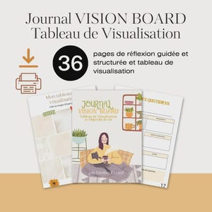 May include: A vision board journal with the text "Journal VISION BOARD Tableau de Visualisation". The journal has 36 pages of guided reflection and visualization. The cover features an illustration of a person with a cat.