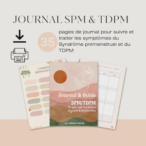 Może przedstawiać: Zestaw dzienników i przewodników do śledzenia i zarządzania zespołem napięcia przedmiesiączkowego (PMS) i przedmiesiączkowym zaburzeniem dysforycznym (PMDD). Okładka zawiera akwarelowy wzór z tekstem "Journal & Guide SPM/TDPM". Zawiera 35 stron.