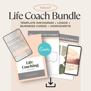 Peut inclure: Un ensemble de Life Coach avec des modèles pour Instagram, des logos, des cartes de visite et des feuilles de travail. L'image comprend un téléphone avec un graphique de paysage, un dossier rose et des feuilles de travail.