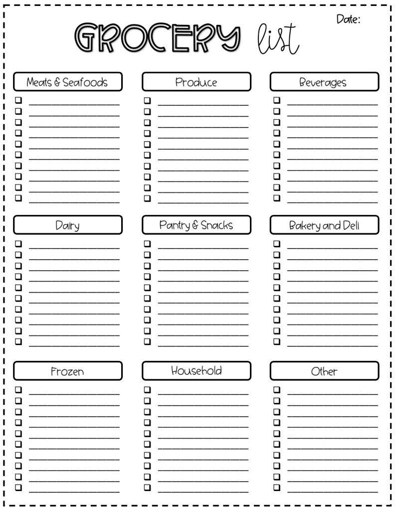Printable Grocery List Etsy