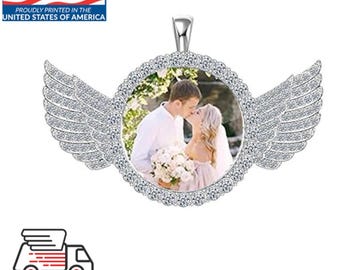 Custom Photo Round Necklace with Angel Wings Gift Silver Plated Personalized Picture Memorial Necklace Gift for her