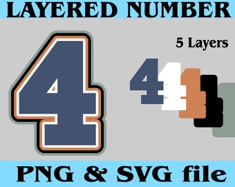 5 Layered Jersey College Number FOUR 4 Digital Download Files for PNG SVG Cut Files Good for Cake Topper Shaker Sport T shirt