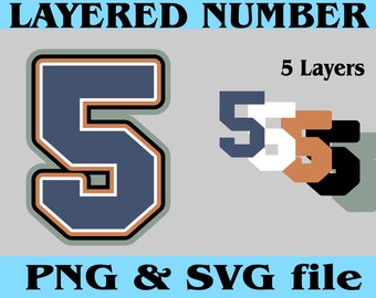 5 Layered College Jersey Number FIVE 5 Digital Download Files for PNG SVG Cut Files Good for Cake Topper Shaker T shirt