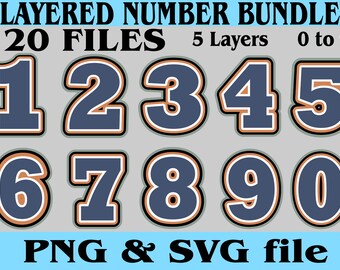 Layered Jersey Sport Number Bundle 10 numbers 0-9 Digital Download Files for PNG SVG Cut Files Good for Cake Topper Shaker T shirt