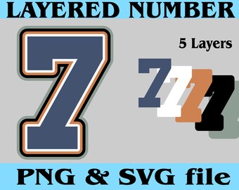 5 Layered College Jersey Number SEVEN 7 Digital Download Files for PNG SVG Cut Files Good for Cake Topper Shaker T shirt