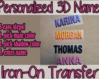 Personalized Name 3D Shadow Iron On Transfer T shirt Decal Iron On DTF Double Color Name Pick Your Own Color and Font Gift for her him