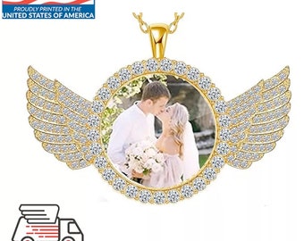 Custom Photo Round Necklace with Angel Wings Gift Gold Plated Personalized Picture Memorial Necklace Gift for her