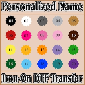 May include: A selection of twenty colorful, scalloped-edge flower designs, each with a number from 01 to 20, displayed on a beige background. The text "Personalized Name" and "Iron-On DTF Transfer" are at the top and bottom.