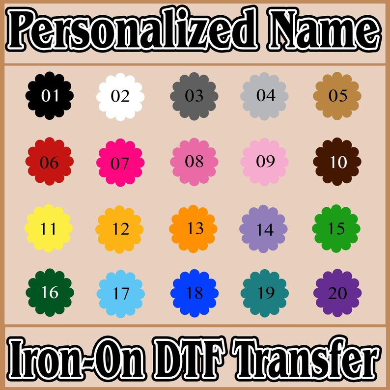 May include: A selection of twenty colorful, scalloped-edge flower designs, each with a number from 01 to 20, displayed on a beige background. The text "Personalized Name" and "Iron-On DTF Transfer" are at the top and bottom.
