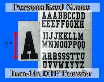 Iron On 1" Tall Letter Alphabet Transfer Decal Athletic Letters 53pcs Set Vinyl Alphabets DTF T shirts Tote Bag Light/Dark Fabric Jersey