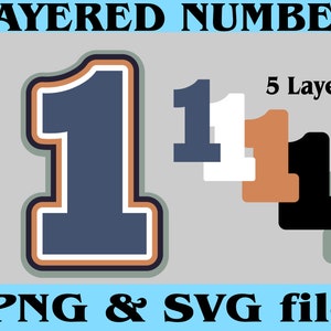 Puede incluir: Número uno en capas con cinco capas en diferentes colores, incluyendo azul, blanco, naranja, negro y verde. El número está contorneado en blanco, naranja y negro. La imagen incluye el texto "LAYERED NUMBER" y "5 Layers". La imagen también incluye el texto "PNG & SVG file".