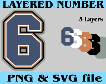 5 Layered Number College Jersey SIX 6 Digital Download Files for PNG SVG Cut Files Good for Cake Topper Shaker T shirt
