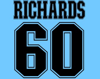 Nombre personalizado y número para camiseta, jugador deportivo atlético, fuente universitaria, contorno, archivo PNG digital personalizado, descarga, atuendo de equipo deportivo