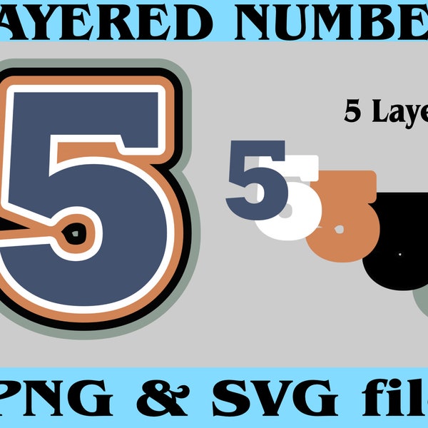 Layered Jersey Sport Number FIVE 5 Digital Download Files for PNG SVG Cut Files Good for Cake Topper Shaker T shirt