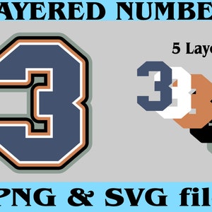 May include: Layered number 3 graphic with five layers. The number is blue with a white outline and an orange outline. The graphic is for use in crafting and design projects. PNG and SVG file.