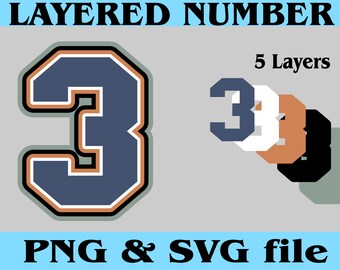 5 Layered Number Jersey College THREE 3 Digital Download Files for PNG SVG Cut Files Good for Cake Topper Shaker Sport T shirt