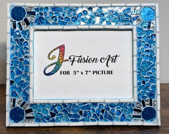 MOSAIC PHOTO FRAME| 5" x 7" | Tempered Glass & Mosaic | Fabric and Metallic Ribbon | Blue Hues