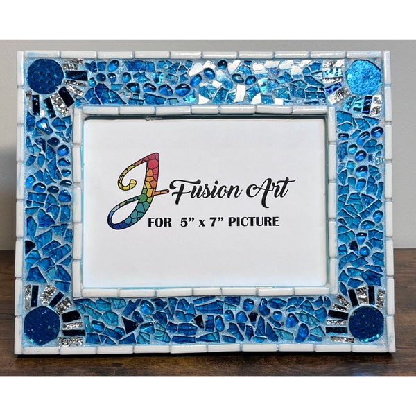 MOSAIC PHOTO FRAME| 5" x 7" | Tempered Glass & Mosaic | Fabric and Metallic Ribbon | Blue Hues