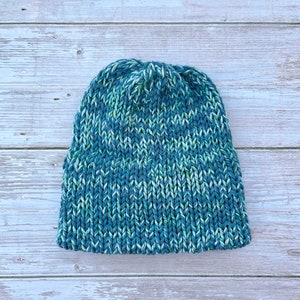 Handmade Knit Beanie: Blue Green Acrylic Yarn, Double Brim
