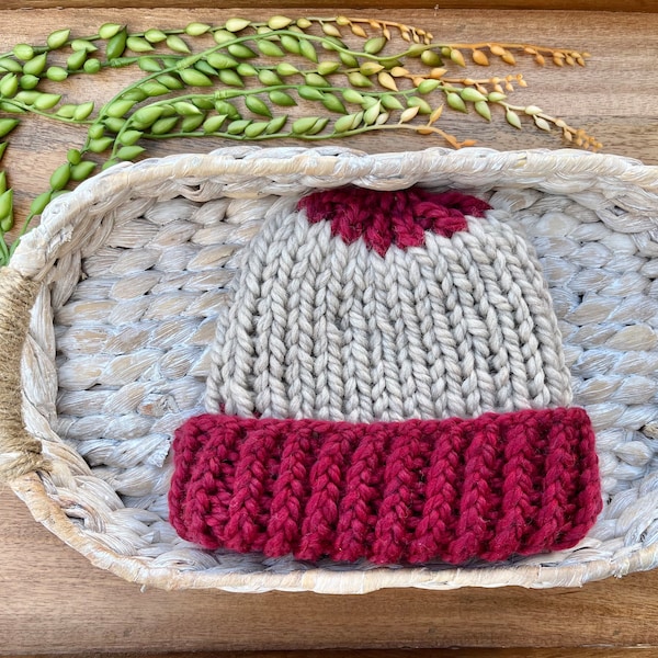 Handmade Baby Knit Hat in Cranberry Oatmeal, Hand Knit Beanie, Soft Merino Wool Yarn, Cozy & Custom | Camping, Hiking