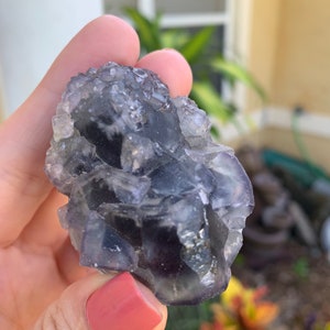 Op de afbeelding: Een ruwe, ongeslepen fluorietkristal met tinten paars, grijs en helder. De natuurlijke steen heeft een ruw, getextureerd oppervlak en wordt in een hand gehouden. De achtergrond toont groen en een gebouw.